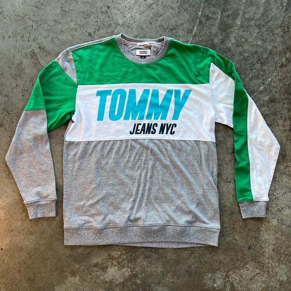 Tommy Jeans NYC Colorblock Sweatshirt XL Gray Green Streetwear